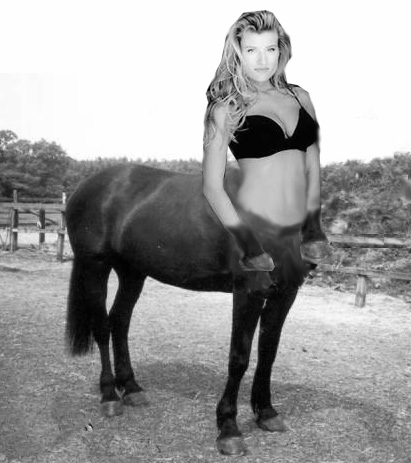 A greyscale centauress with hooved hands