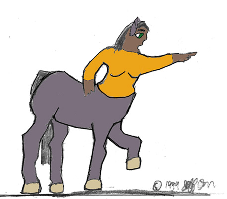 A centauress pointing to the right and looking surprised